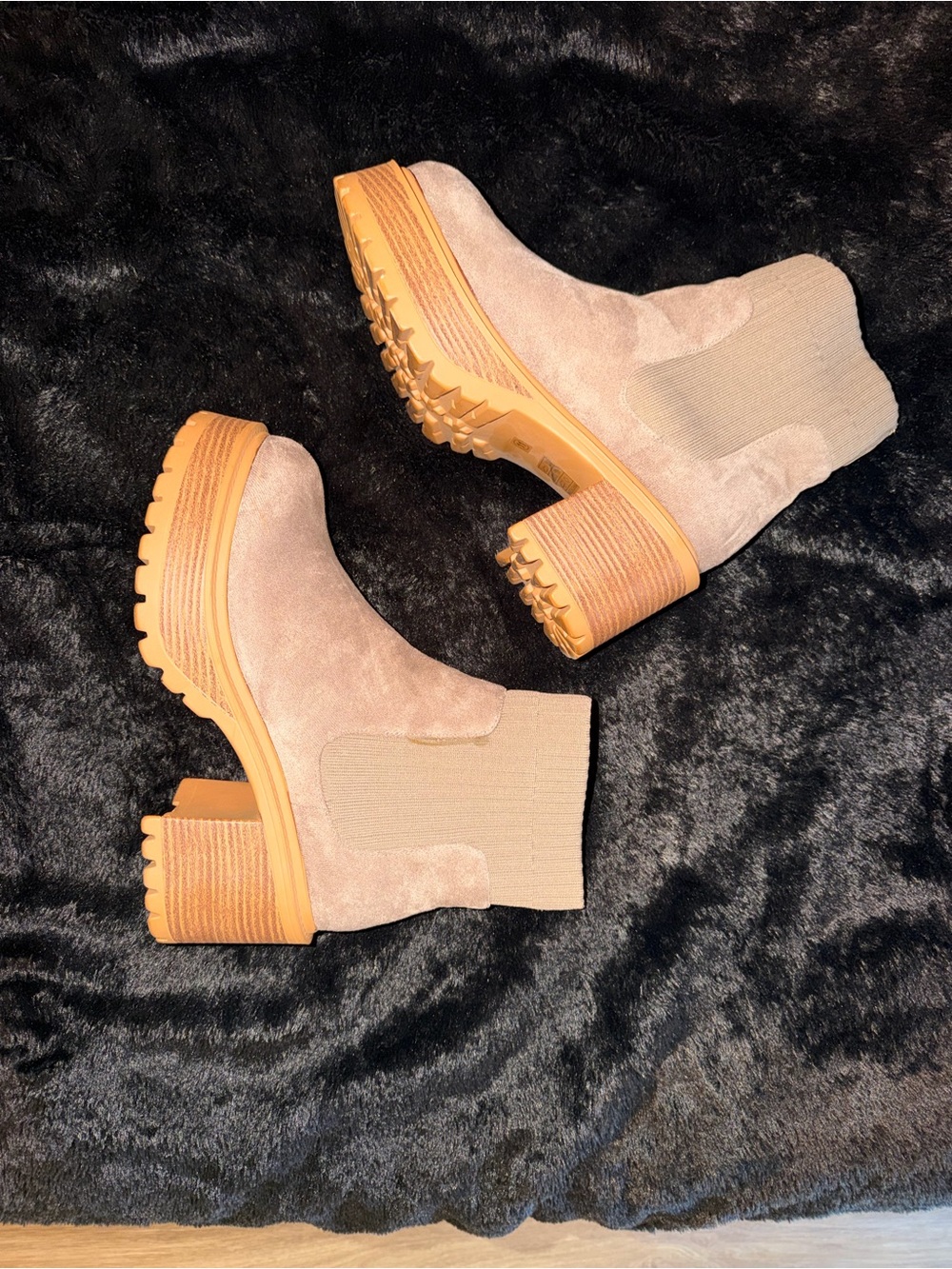 SHEIN Taupe Suede Lug Sole Chelsea Booties